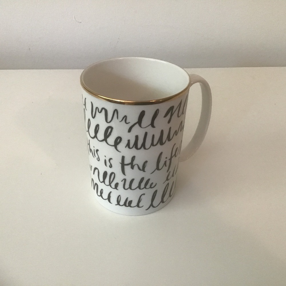 Kate Spade Lenox Everdone Lane This Is The Life Coffee Mug White Gold Trim LN
